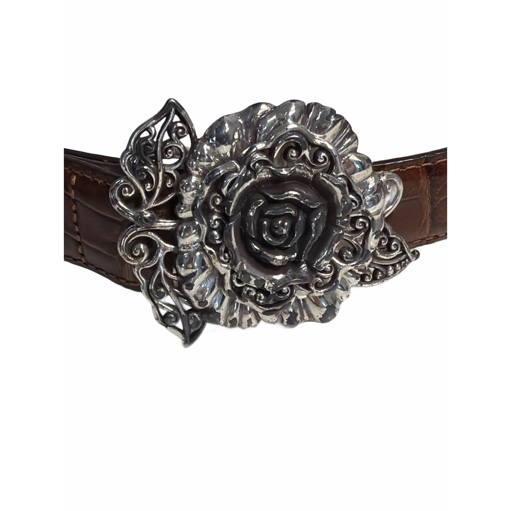 VTG Brighton Western Leather Belt Silver Rose Buckle L/34  B31104